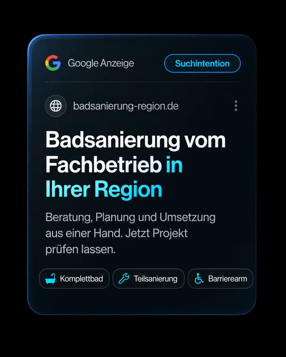 Mockup einer Google-Anzeige für Badsanierung vom Fachbetrieb in der Region