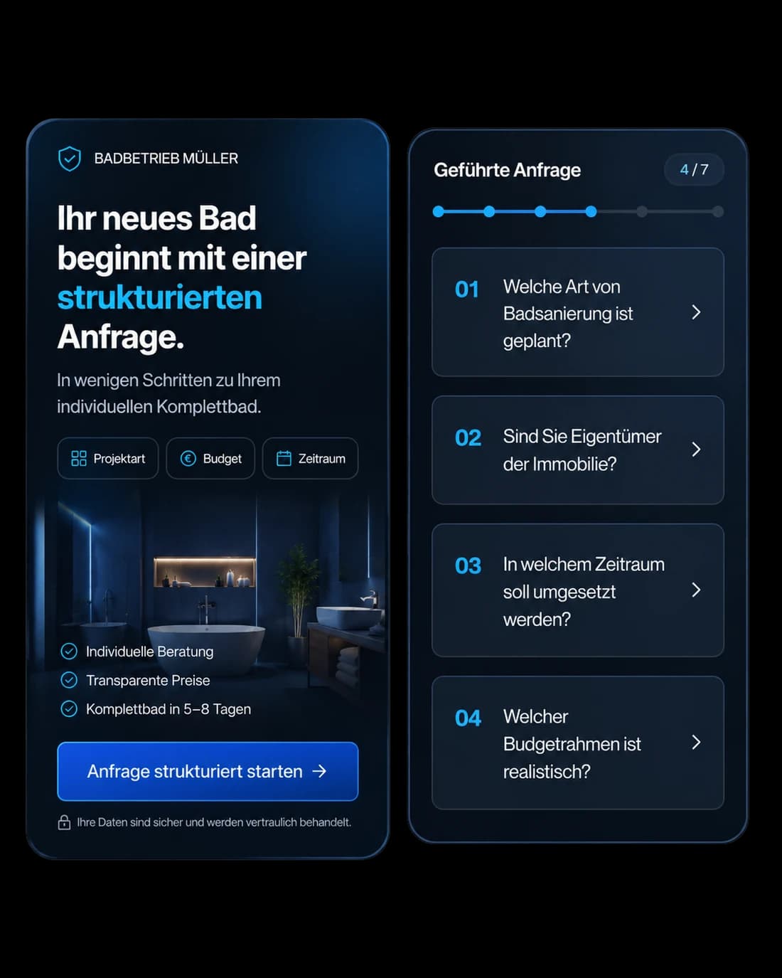 Mockup einer Landing-Strecke mit geführter Anfrage für Badbetriebe